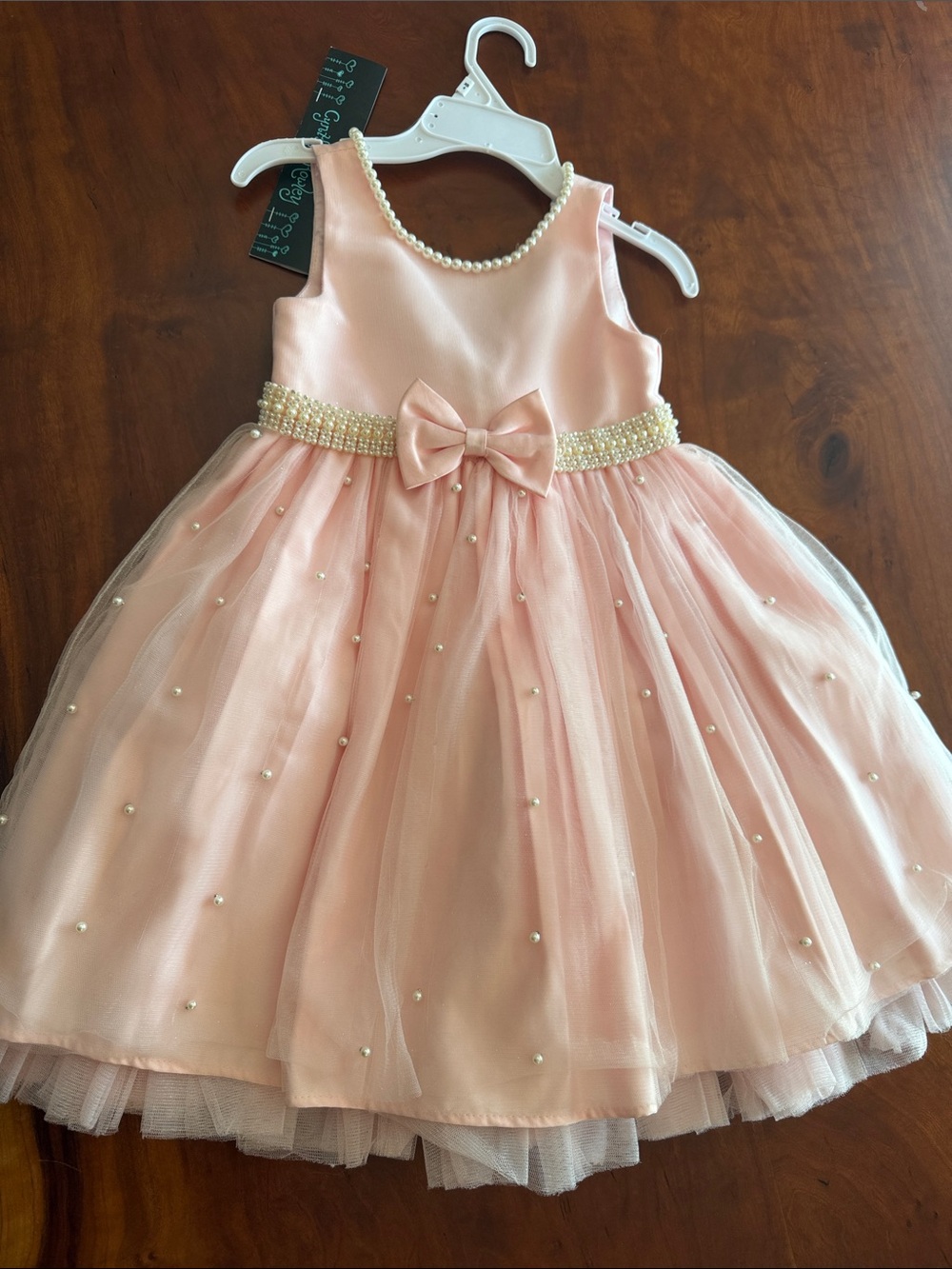 Pearl-Trim Blush Pink Tulle Party Dress for Girls